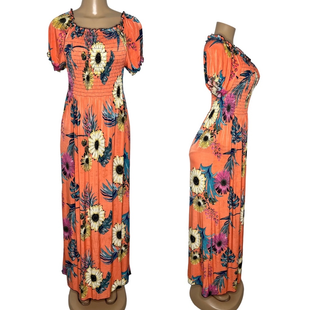 New Size M/L Orange Floral Maxi Women Summer Dress Elastic Bust long Dress